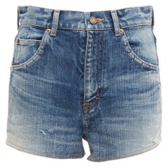 SAINT LAURENT 2020 Pantalones cortos de cintura alta de tela vaquera lavada azul envejecida 29".