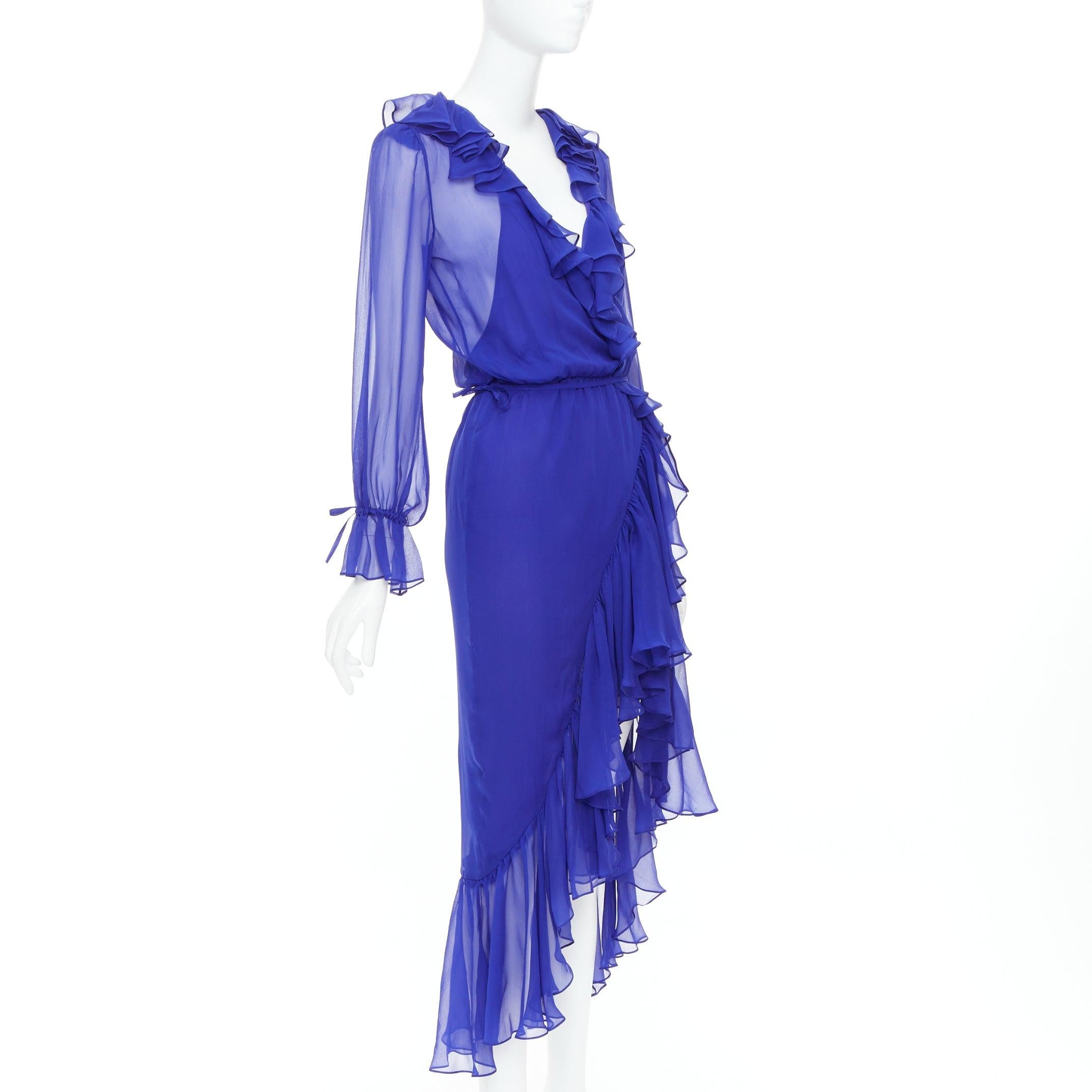 SAINT LAURENT 2020 Laufsteg Kobaltblaues 100% Seidenkleid mit Rüschenbezug FR42 XL (Blau) im Angebot