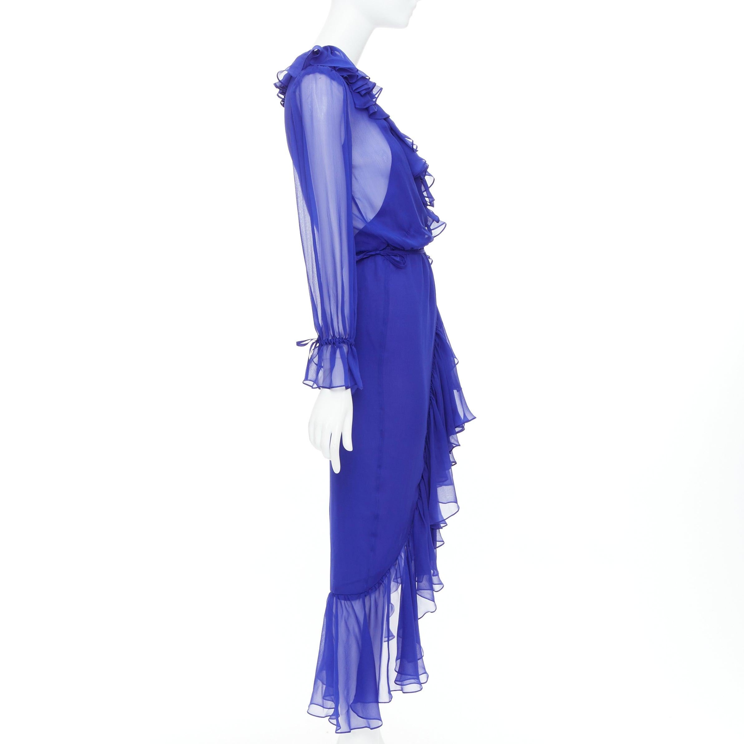 SAINT LAURENT 2020 Laufsteg Kobaltblaues 100% Seidenkleid mit Rüschenbezug FR42 XL Damen im Angebot
