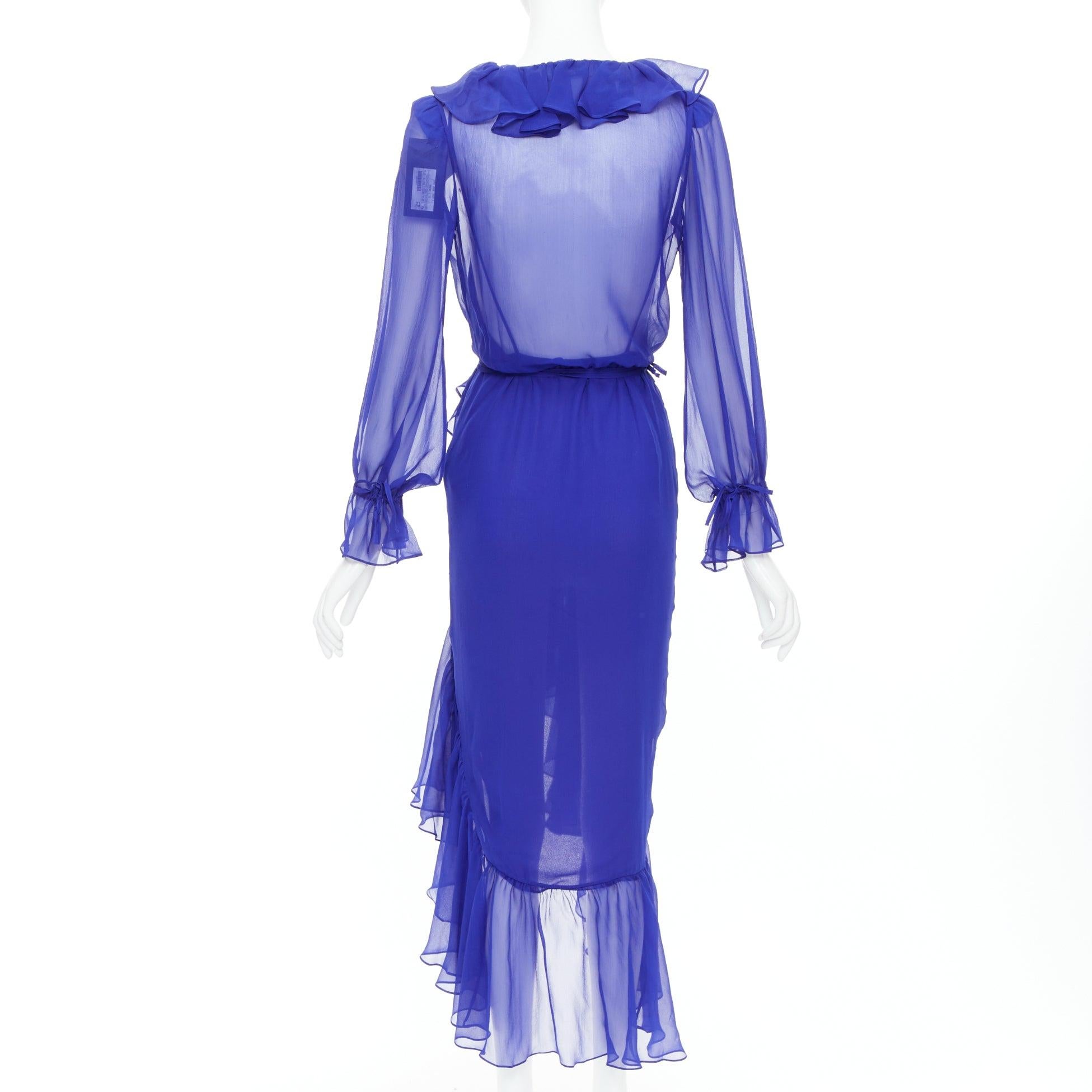 SAINT LAURENT 2020 Laufsteg Kobaltblaues 100% Seidenkleid mit Rüschenbezug FR42 XL im Angebot 1