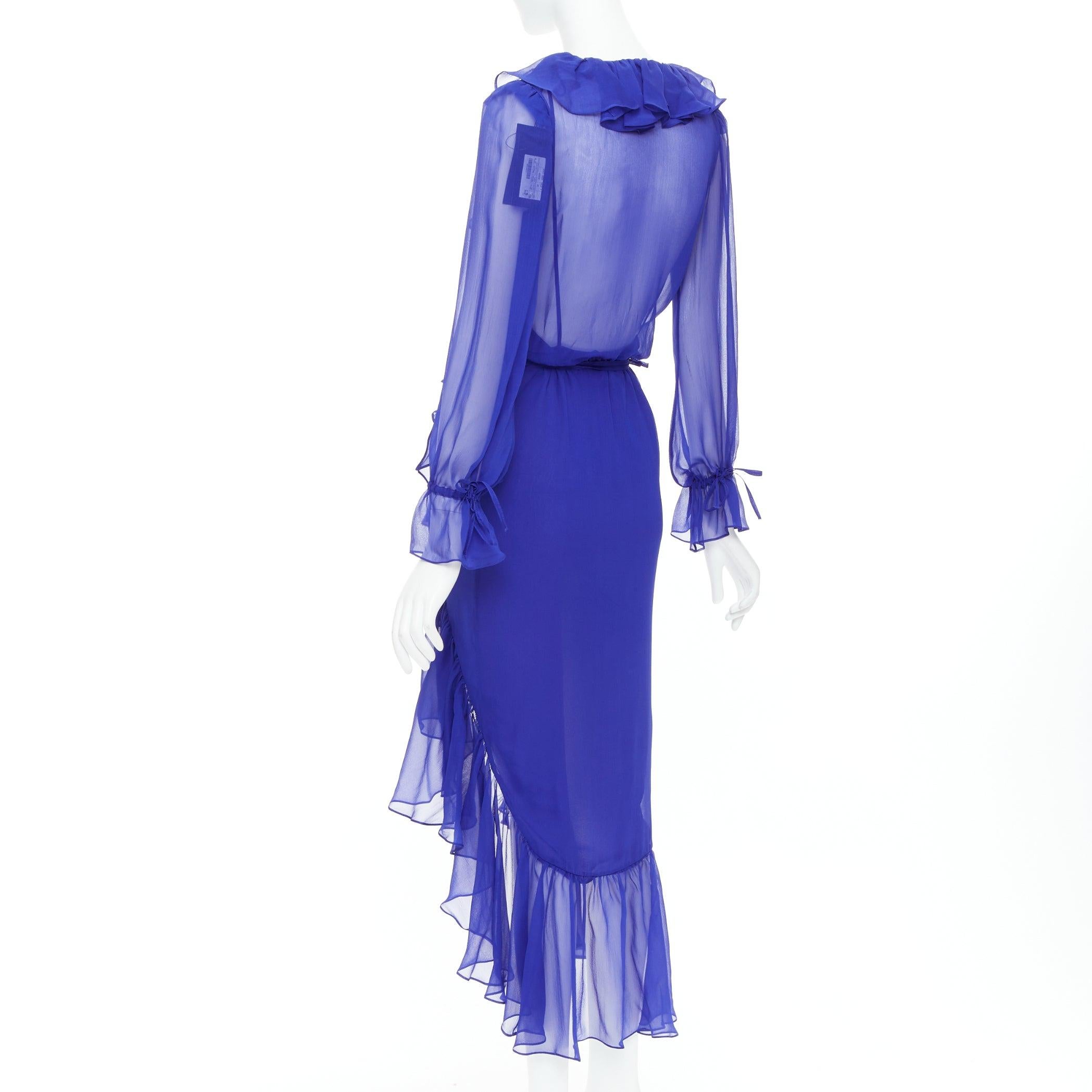 SAINT LAURENT 2020 Runway Majorelle Blue silk ruffle wrap dress FR38 S en vente 2