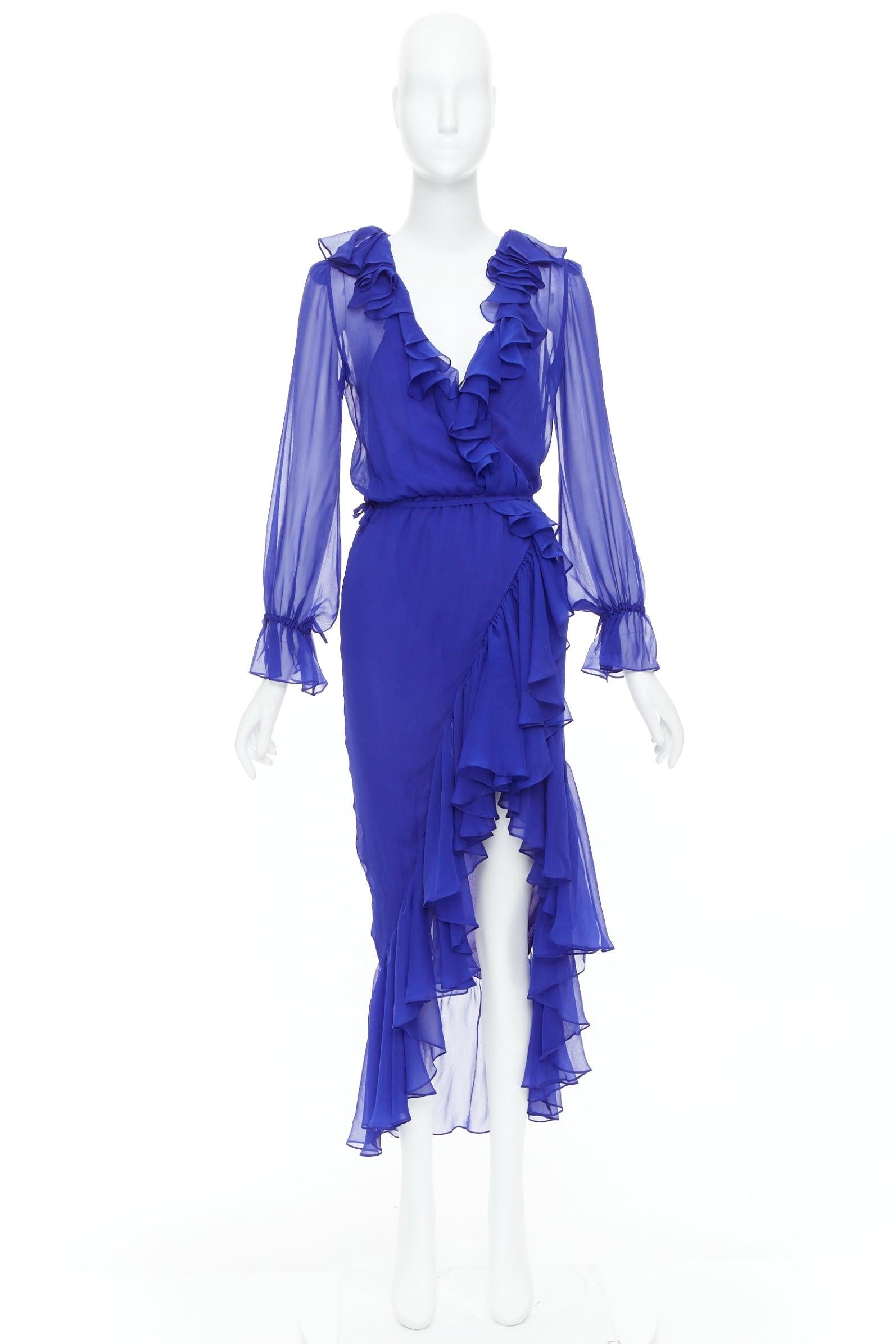 SAINT LAURENT 2020 Runway Majorelle Blue silk ruffle wrap dress FR38 S en vente 4