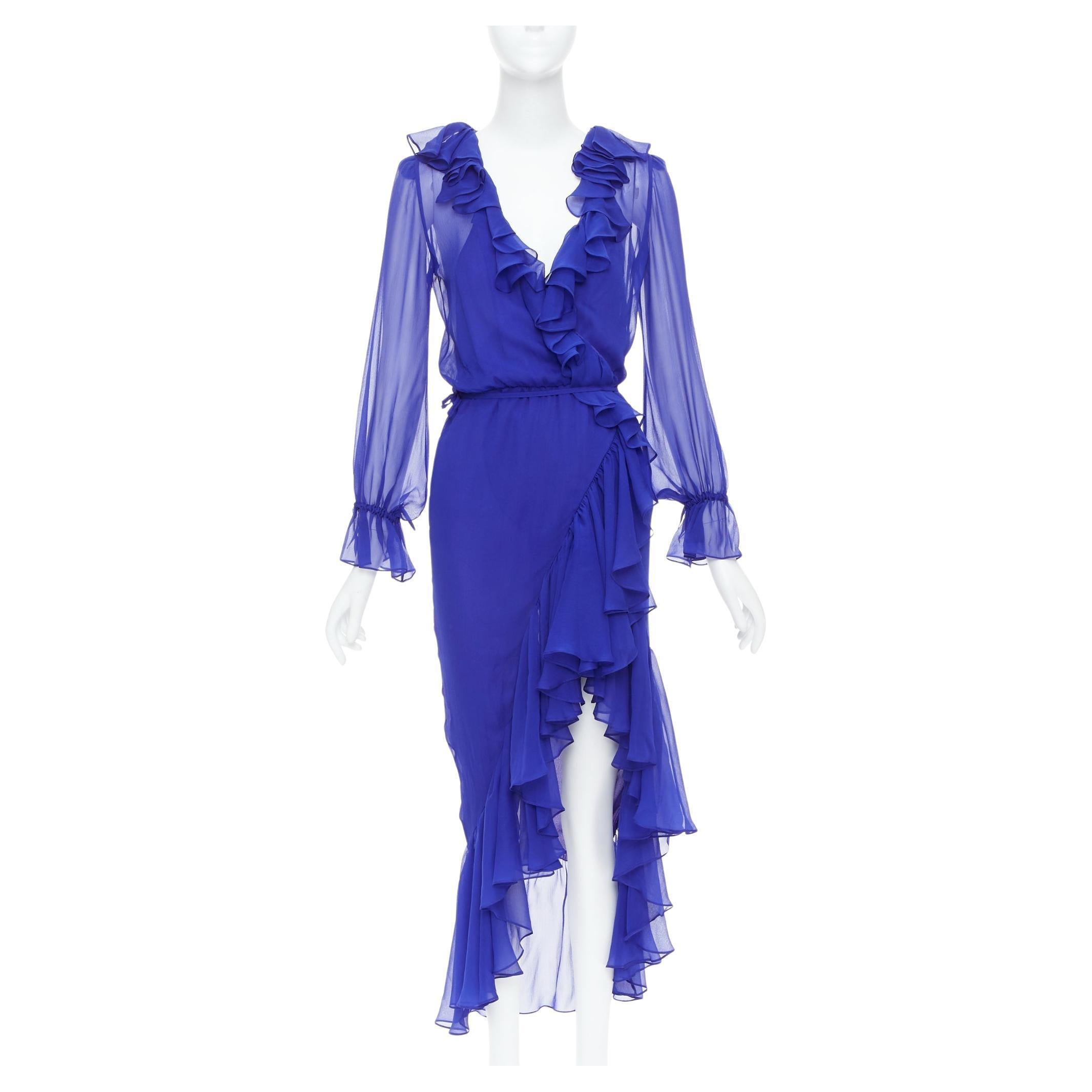 SAINT LAURENT 2020 Runway Majorelle Blue silk ruffle wrap dress FR38 S
