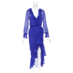 SAINT LAURENT 2020 Runway Majorelle Blue silk ruffle wrap dress FR38 S
