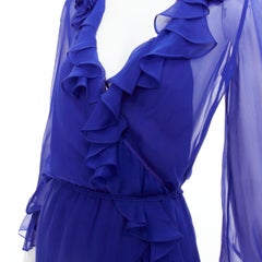 SAINT LAURENT 2020 Runway Majorelle cobalt blue silk ruffle wrap dress FR36 S