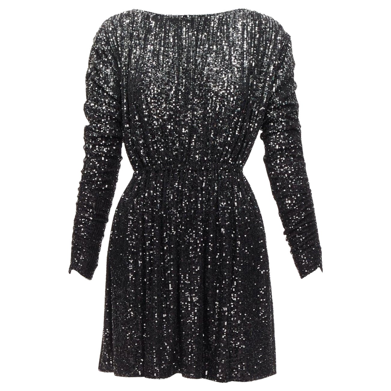 SAINT LAURENT 2020 silver black gradient sequins cropped mini bateau dress XS