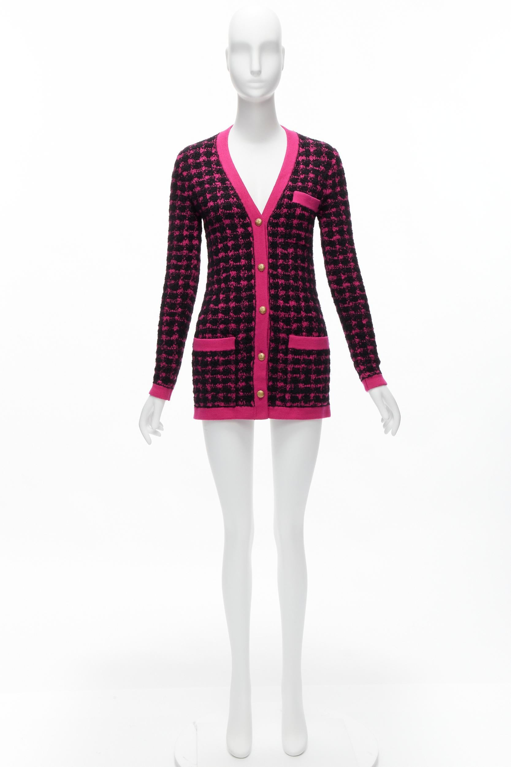 SAINT LAURENT 2021 black pink houndstooth wool alpaca preppy cardigan jacket XS For Sale 8
