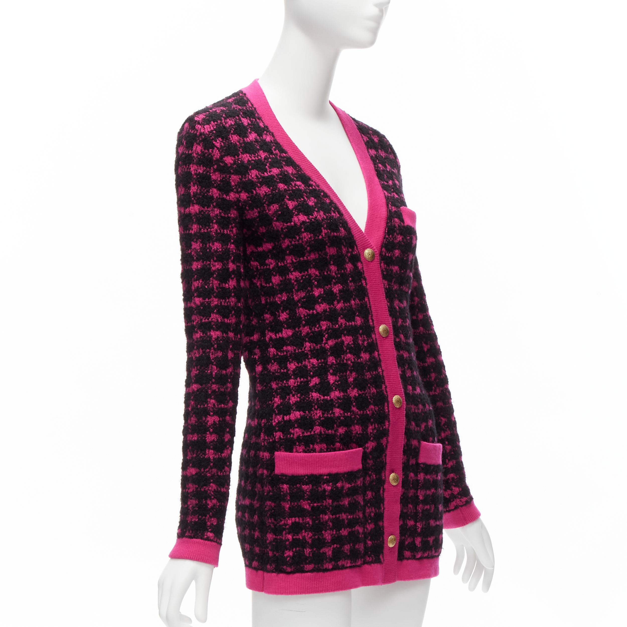 SAINT LAURENT 2021 black pink houndstooth wool alpaca preppy cardigan jacket XS For Sale 1