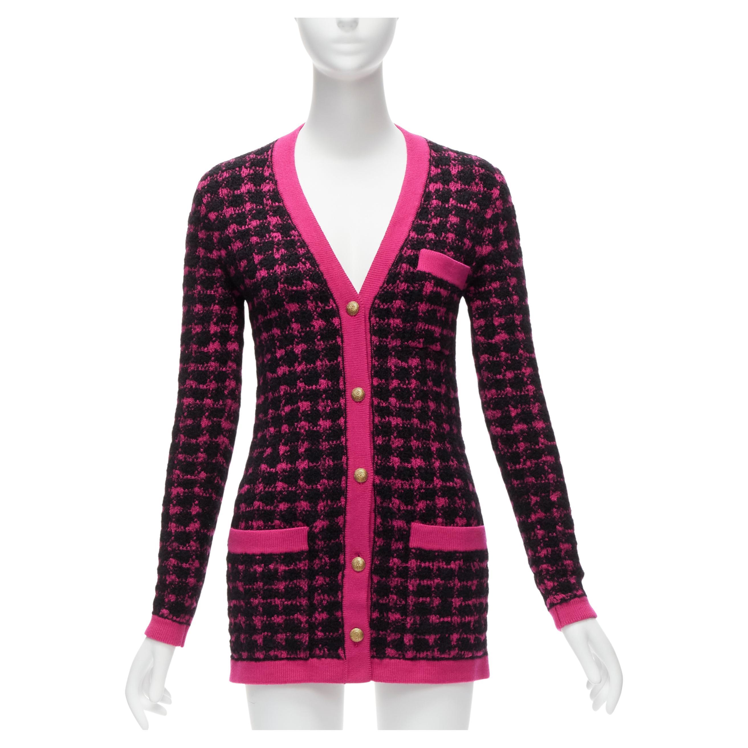 SAINT LAURENT 2021 black pink houndstooth wool alpaca preppy cardigan jacket XS For Sale