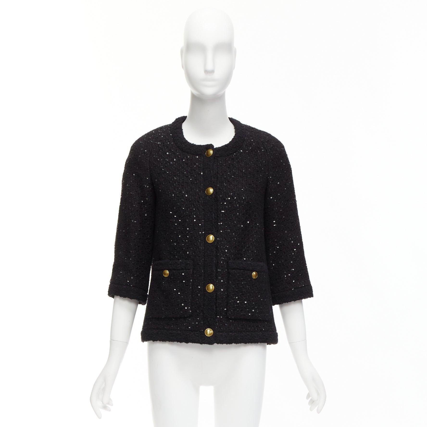 SAINT LAURENT 2021 black wool sequinned tweed gold button jacket FR34 XS For Sale 7
