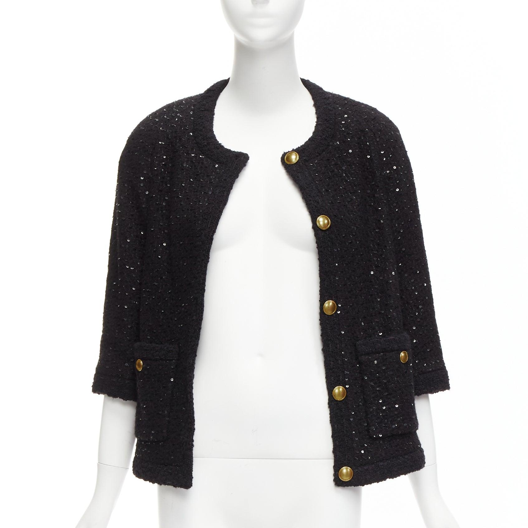 Women's SAINT LAURENT 2021 black wool sequinned tweed gold button jacket FR34 XS For Sale