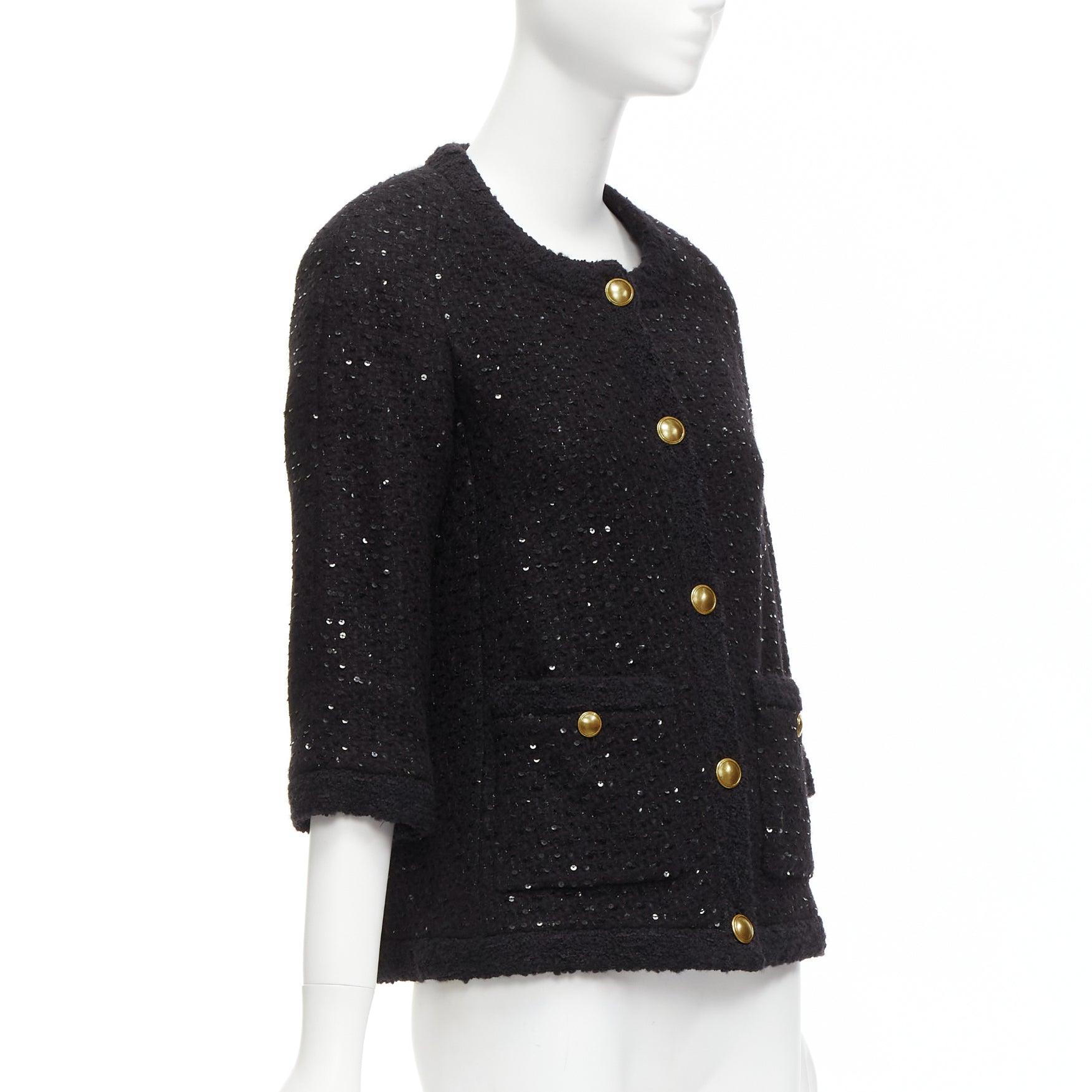 Donna SAINT LAURENT 2021 giacca in lana nera con paillettes e bottoni dorati FR34 XS in vendita