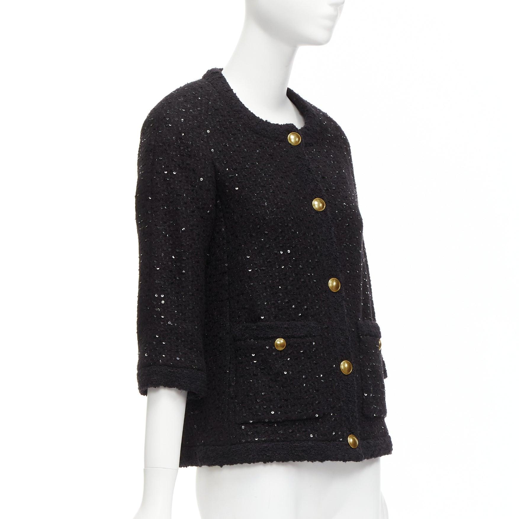 SAINT LAURENT 2021 black wool sequinned tweed gold button jacket FR34 XS For Sale 1