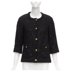 SAINT LAURENT 2021 black wool sequinned tweed gold button jacket FR34 XS