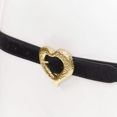SAINT LAURENT 2021 Heart Buckle black calf hair gold hammered metal belt 65cm