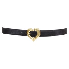 SAINT LAURENT 2021 Heart Buckle black calf hair gold hammered metal belt 65cm