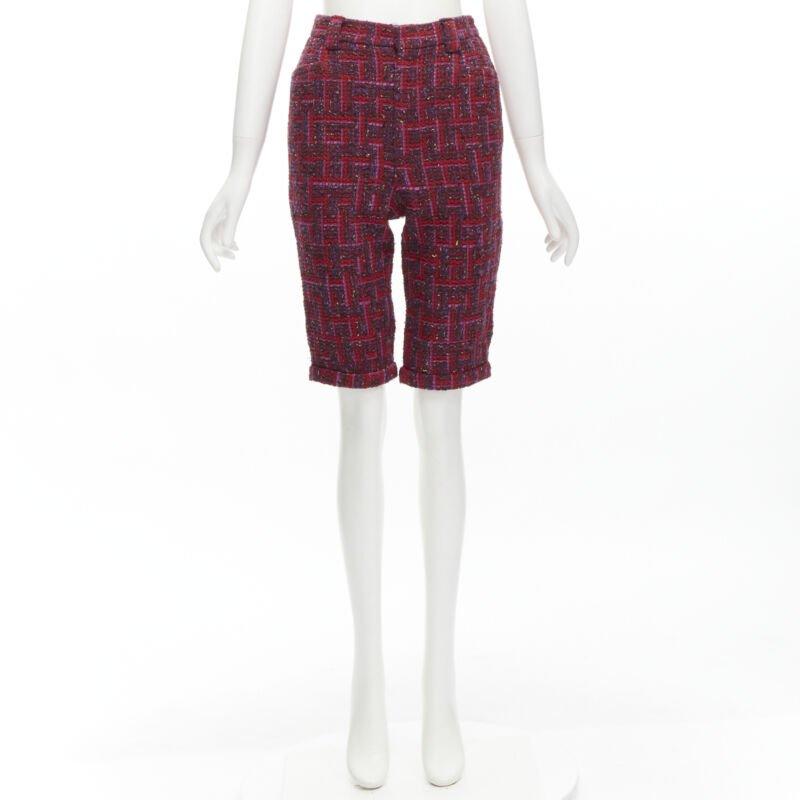 SAINT LAURENT 2021 pink red geometric tweed knee length shorts FR34 XS For Sale 7