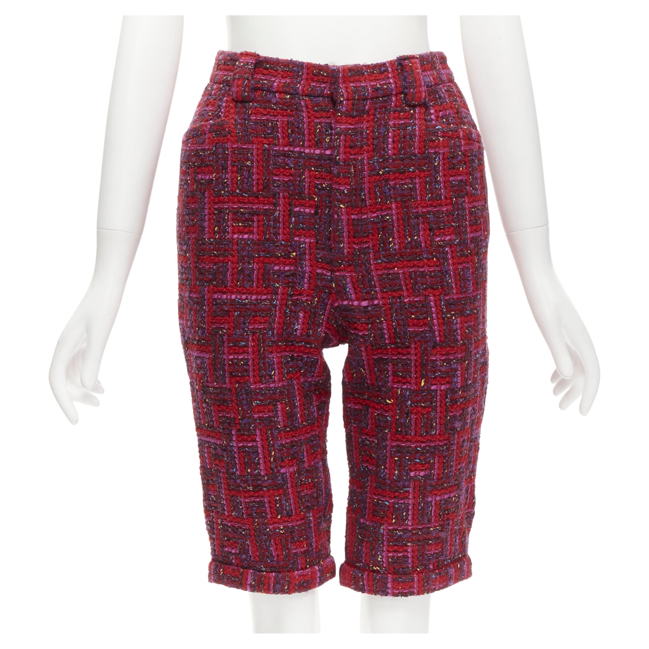 SAINT LAURENT 2021 pink red geometric tweed knee length shorts FR34 XS For Sale