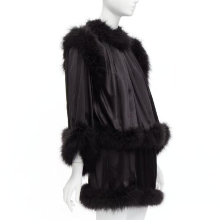 Black SAINT LAURENT 2021 Runway black feather trim silk wide layered mini dress FR40 L