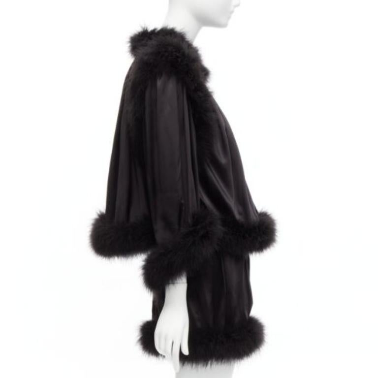 Women's SAINT LAURENT 2021 Runway black feather trim silk wide layered mini dress FR40 L