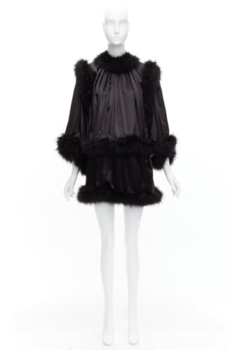 SAINT LAURENT 2021 Runway black feather trim silk wide layered mini dress FR40 L 5