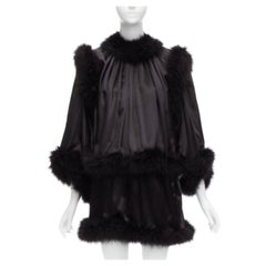 SAINT LAURENT 2021 Runway black feather trim silk wide layered mini dress FR40 L