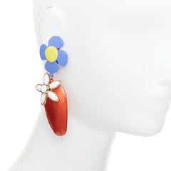 SAINT LAURENT 2021 Runway blue orange daisy white stone plate clip earring Pair