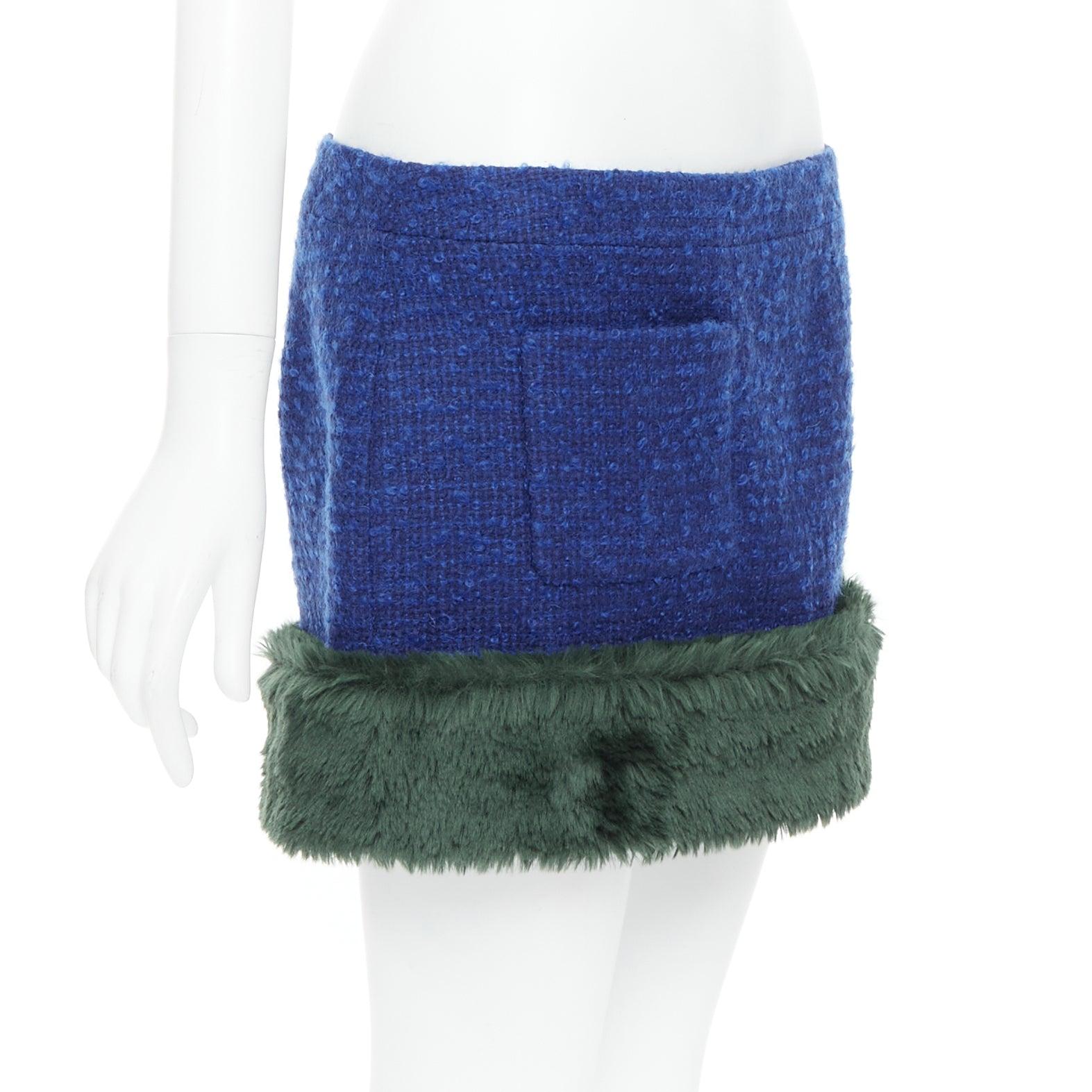 Blue SAINT LAURENT 2021 Runway blue wool mohair tweed faux fur mini skirt FR40 L