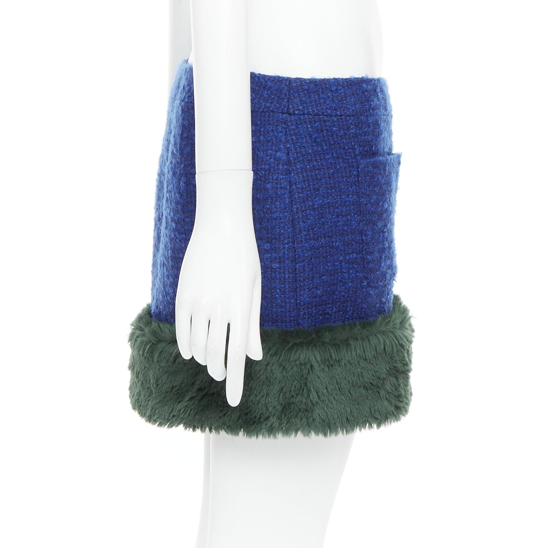 Women's SAINT LAURENT 2021 Runway blue wool mohair tweed faux fur mini skirt FR40 L
