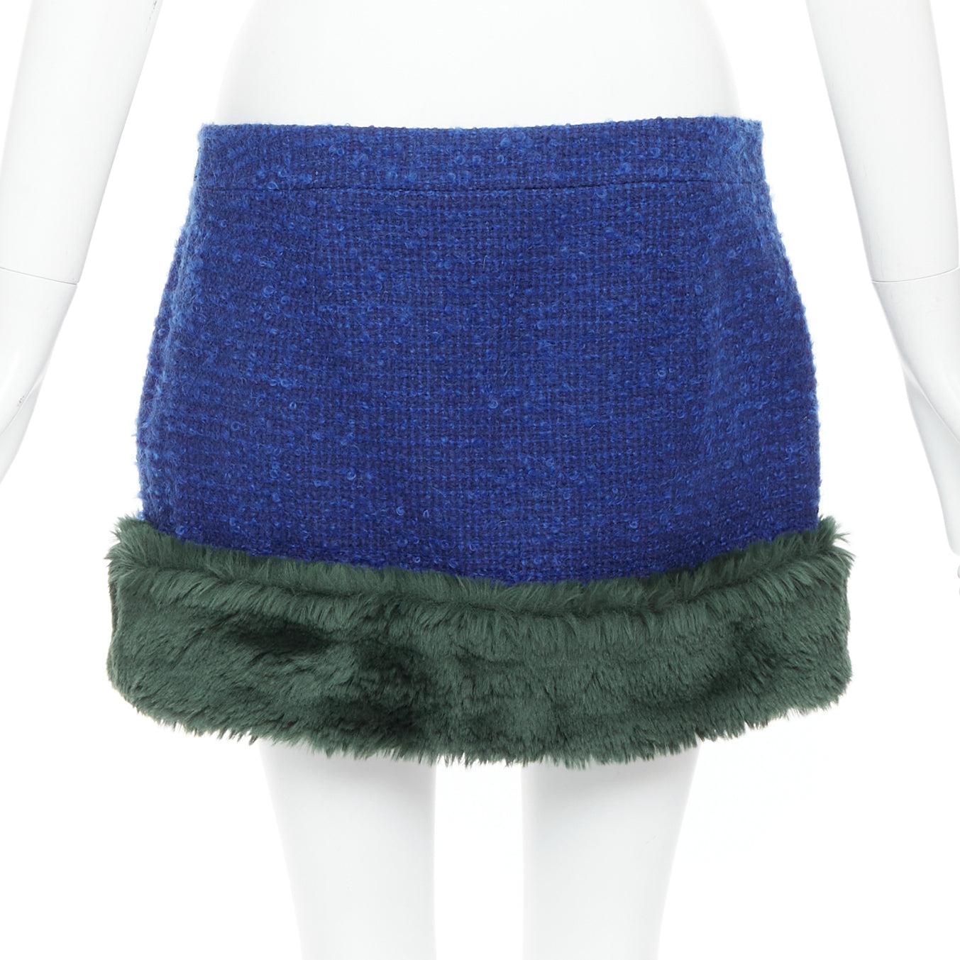 SAINT LAURENT 2021 Runway blue wool mohair tweed faux fur mini skirt FR40 L 1