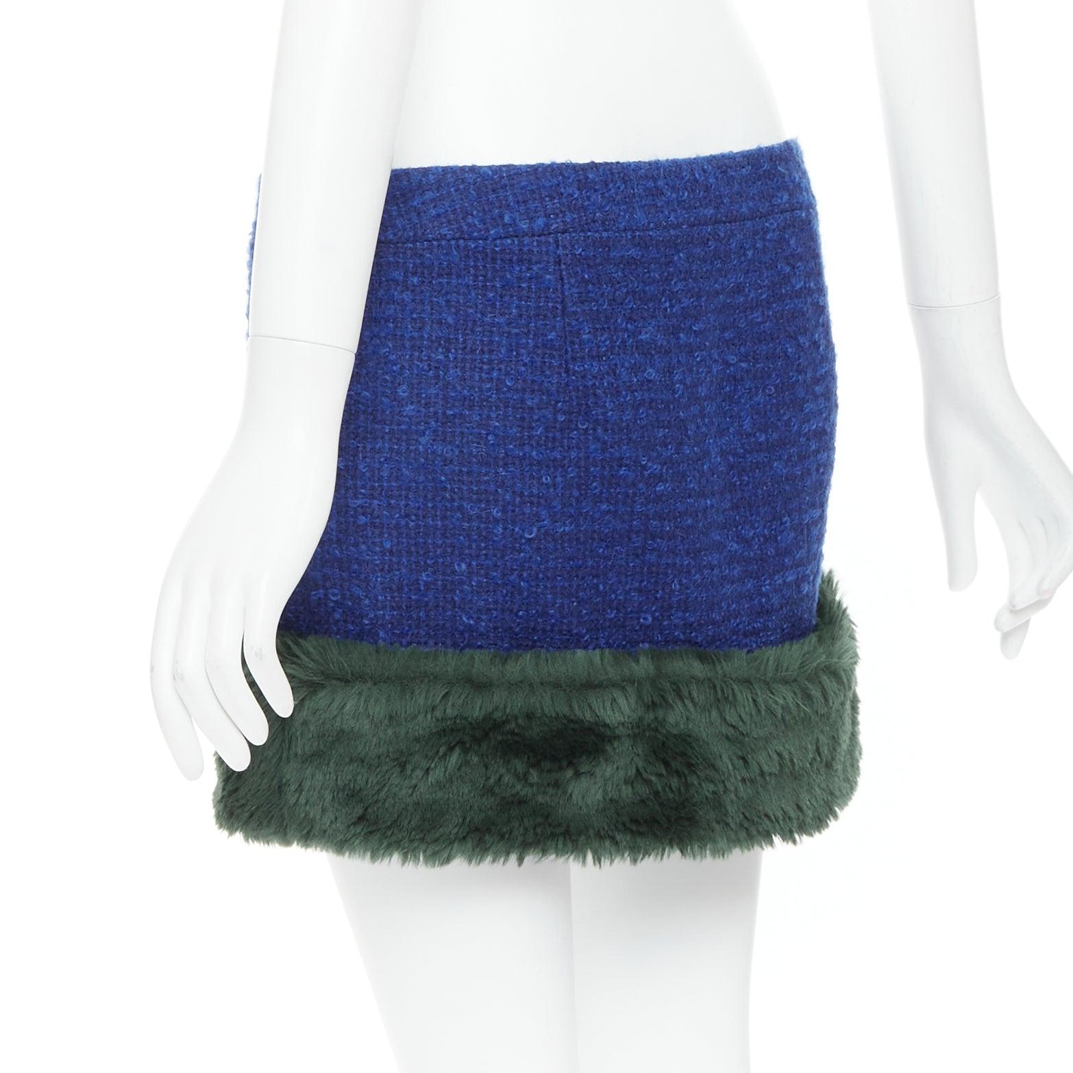 SAINT LAURENT 2021 Runway blue wool mohair tweed faux fur mini skirt FR40 L 2