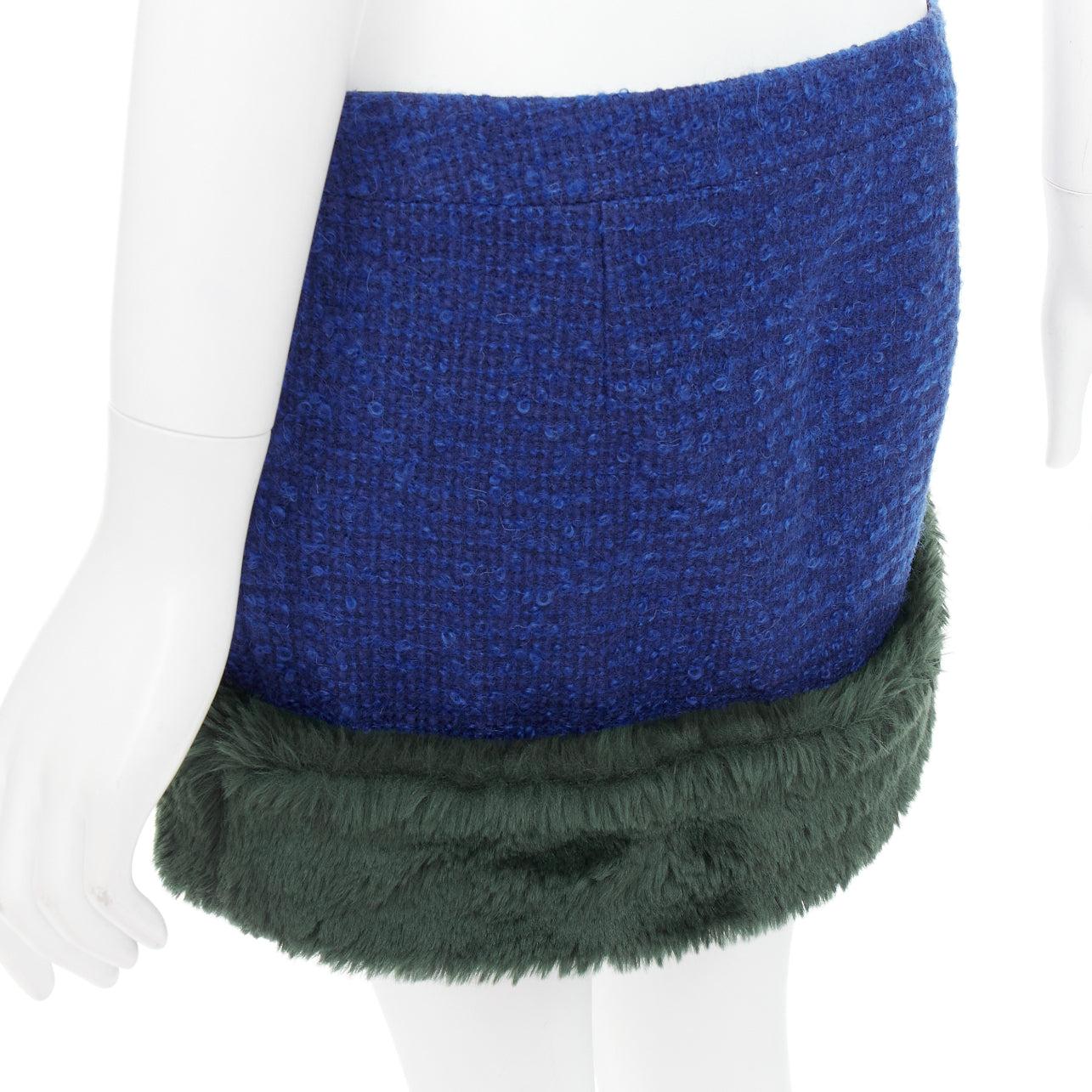 SAINT LAURENT 2021 Runway blue wool mohair tweed faux fur mini skirt FR40 L 3