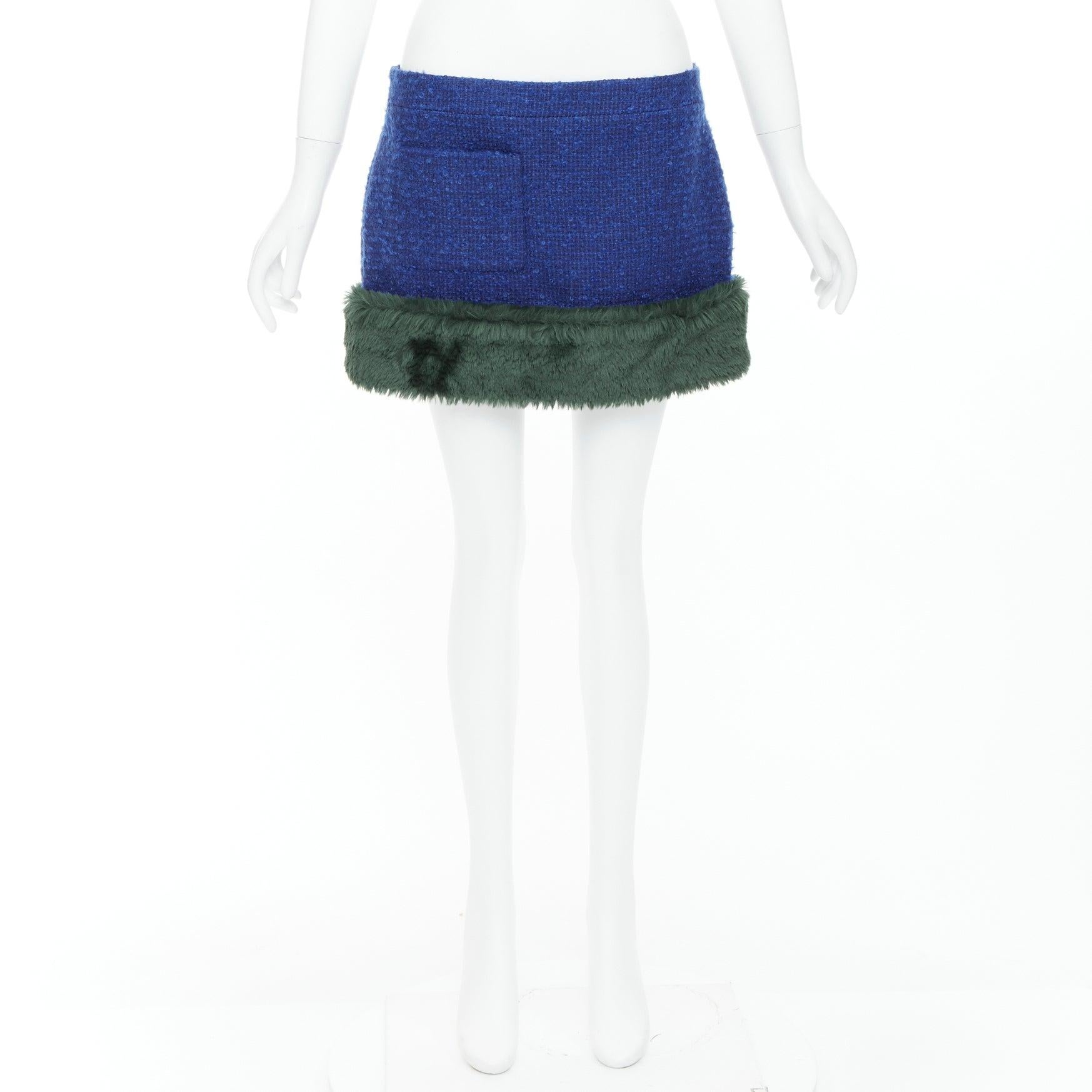 SAINT LAURENT 2021 Runway blue wool mohair tweed faux fur mini skirt FR40 L 5
