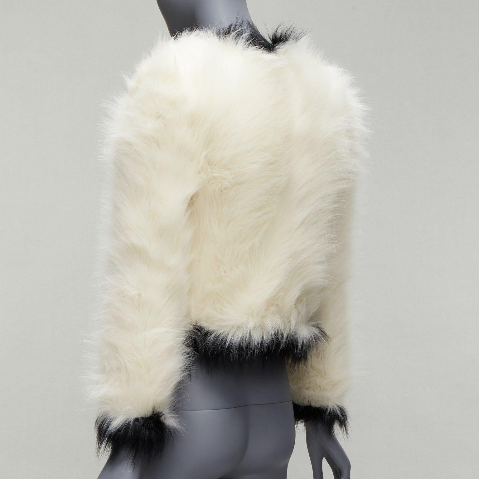 SAINT LAURENT 2021 Runway cream black faux fur cropped jacket FR34 XS For Sale 2