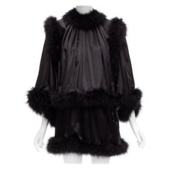 SAINT LAURENT 2021 Runway feather trim 100% silk wide layered mini dress FR40 L