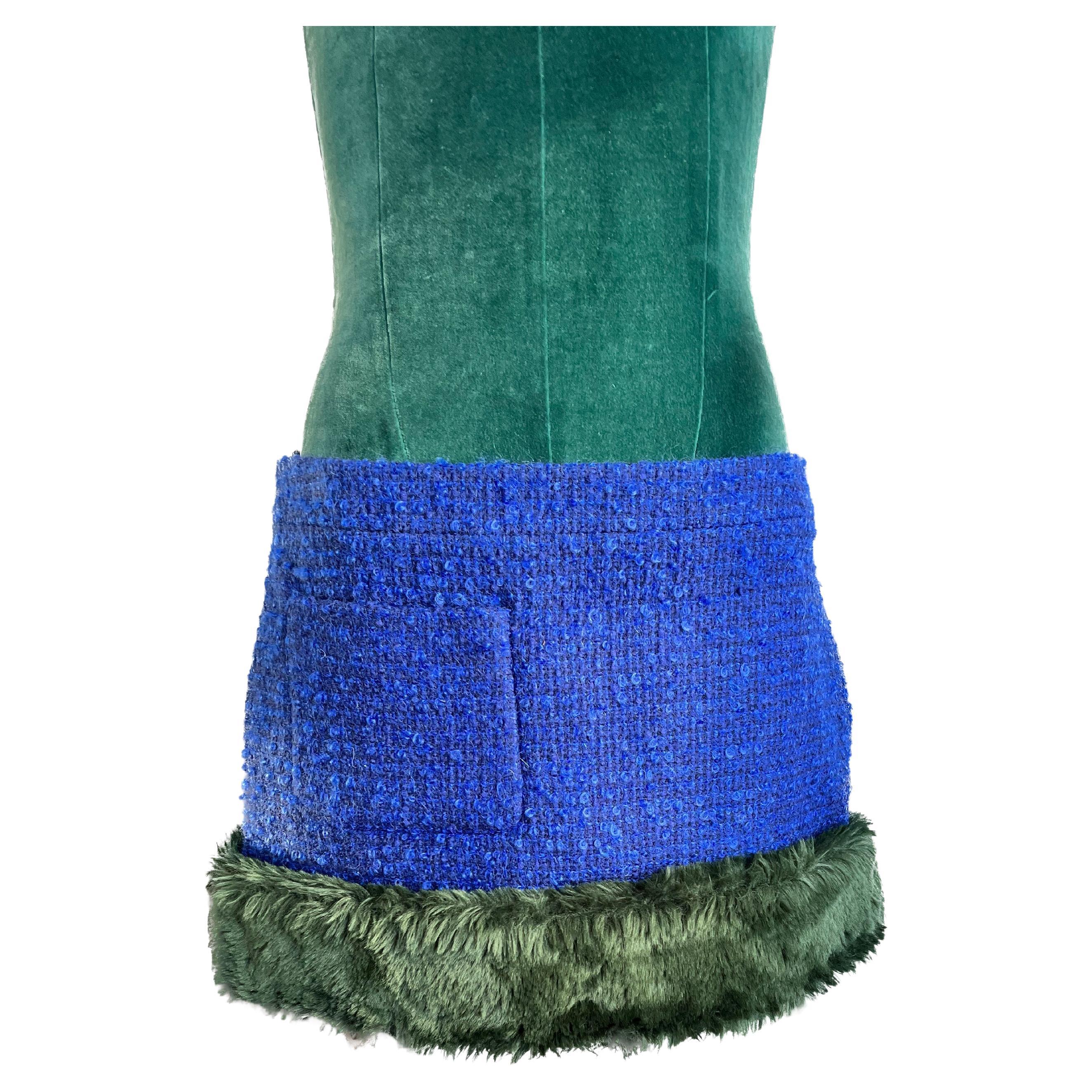 Saint Laurent 2021 Runway Tweed mini skirt with faux fur  For Sale