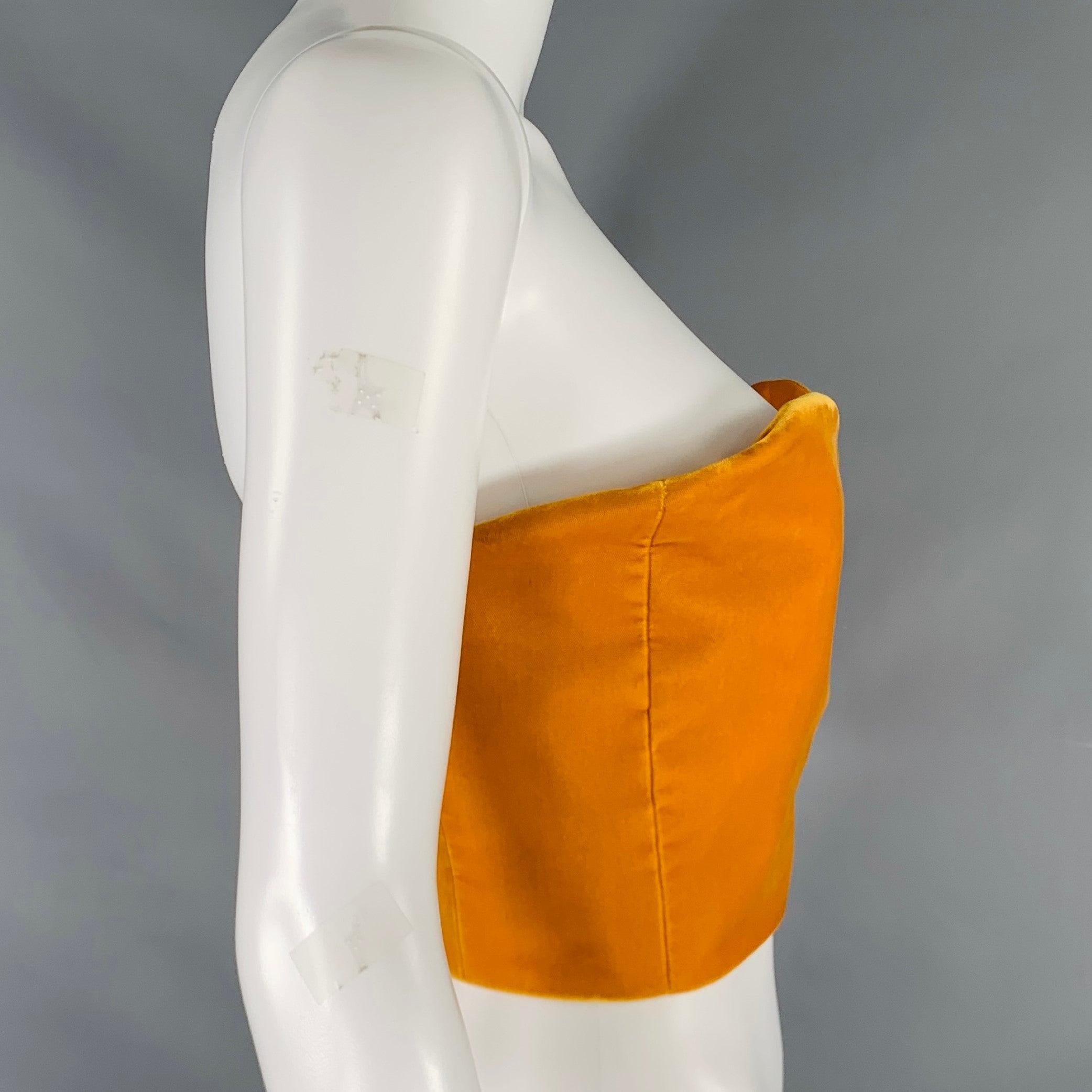 SAINT LAURENT 2021 dress top
in an orange viscose blend velvet fabric featuring a corset style with plunging neckline, and back hook & eye and zipper closure. Made in Italy.Very Good Pre-Owned Condition. Minor signs of wear. 

Marked:   38