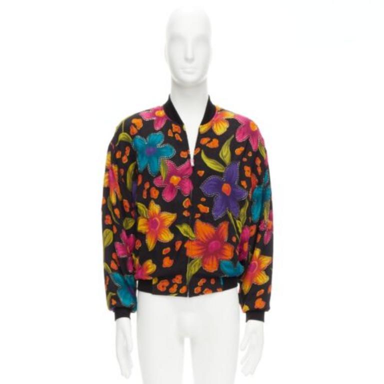 SAINT LAURENT 2021 Teddy floral crepe embellished bomber jacket FR44 XS For Sale 6