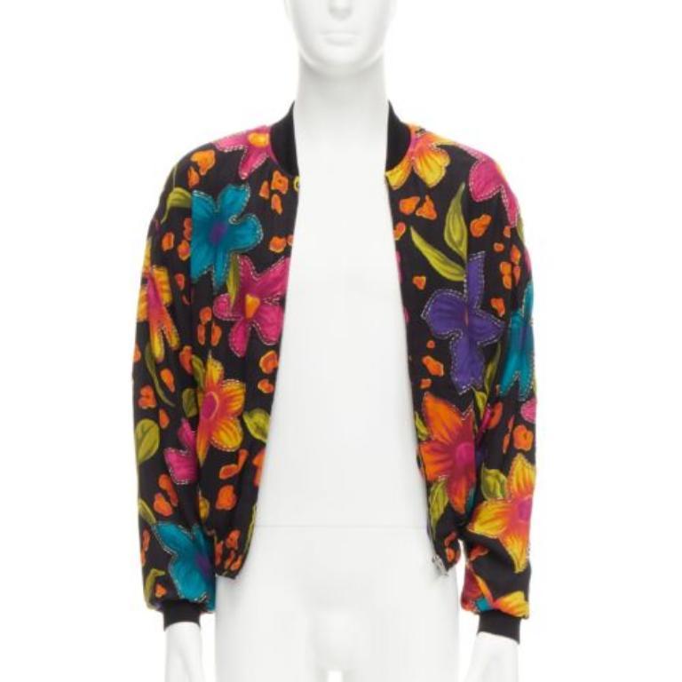 Black SAINT LAURENT 2021 Teddy floral crepe embellished bomber jacket FR44 XS For Sale