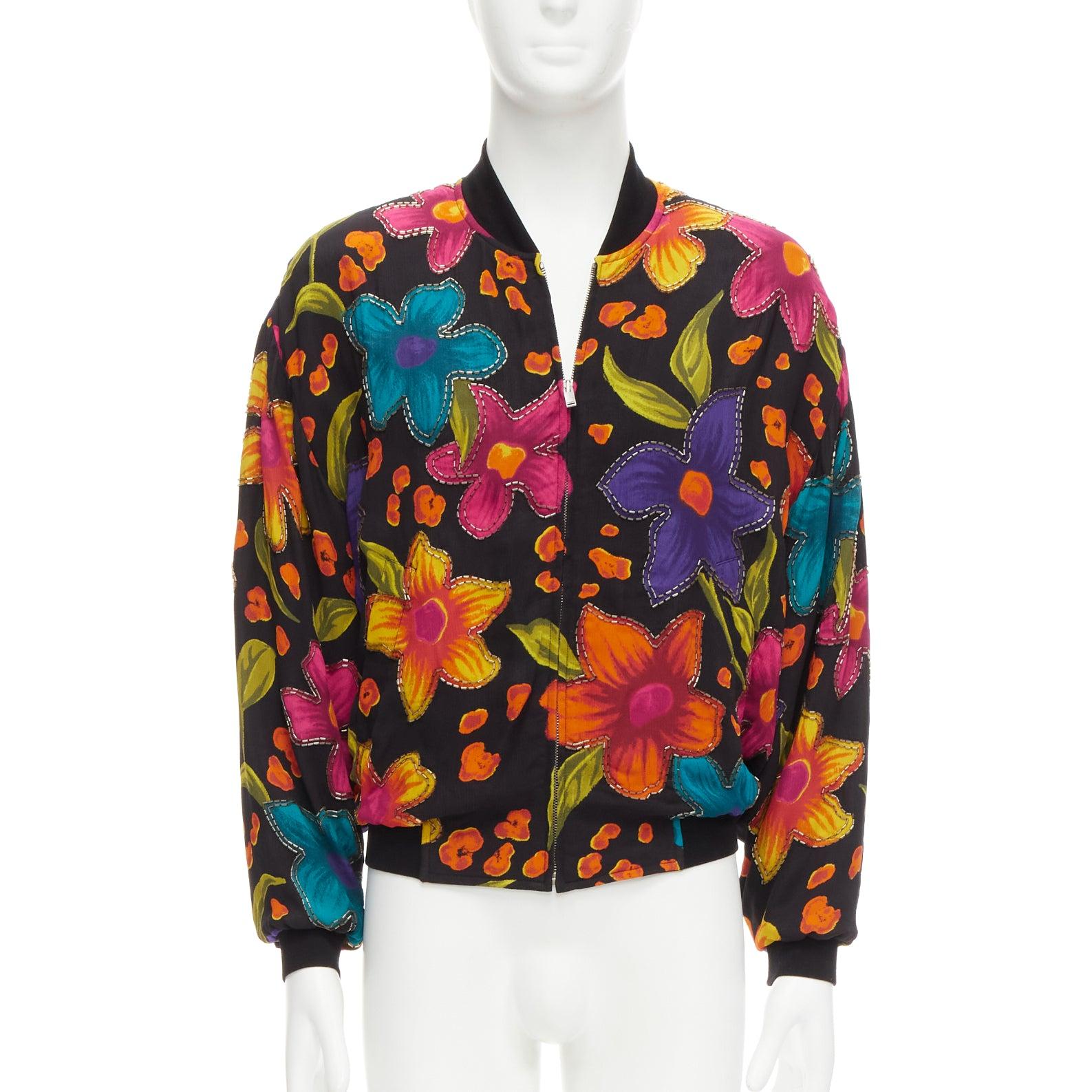 SAINT LAURENT 2021 Teddy floral crepe embellished bomber jacket FR44 XS For Sale 2
