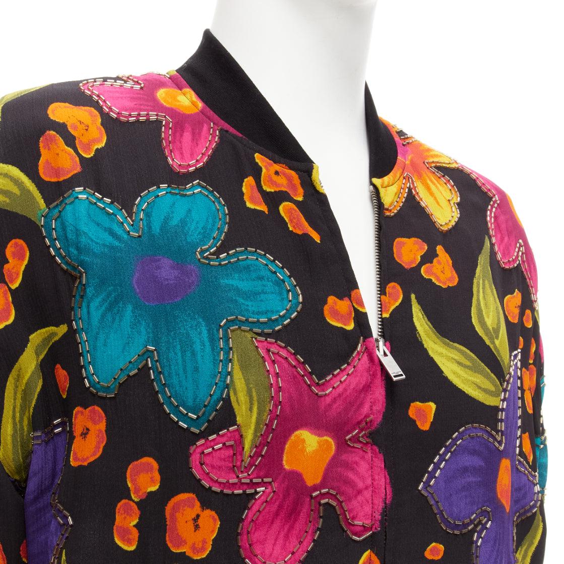 SAINT LAURENT 2021 Teddy floral crepe embellished bomber jacket FR44 XS For Sale 3