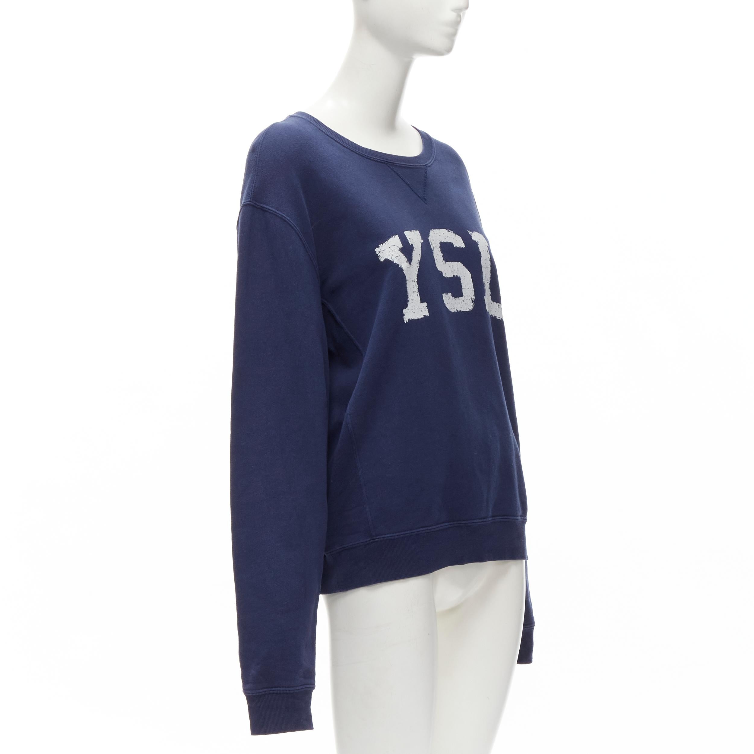 Women's SAINT LAURENT 2021 YSL distressed logo navy blue fleece pullover sweatshirt L