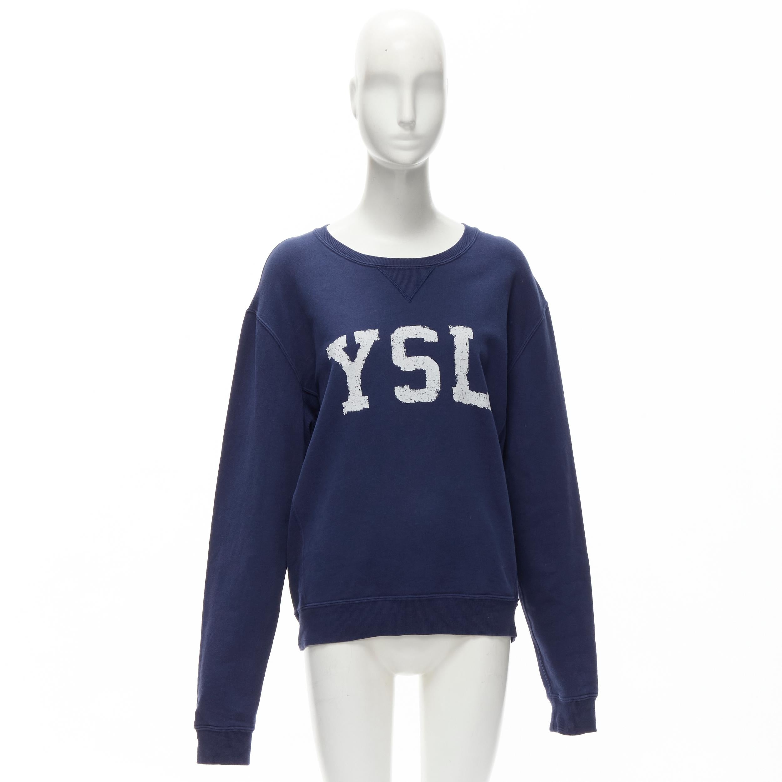 SAINT LAURENT 2021 YSL distressed logo navy blue fleece pullover sweatshirt L 6