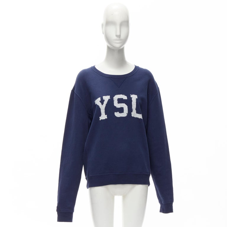SAINT LAURENT 2021 YSL distressed logo navy blue fleece pullover sweatshirt  L at 1stDibs