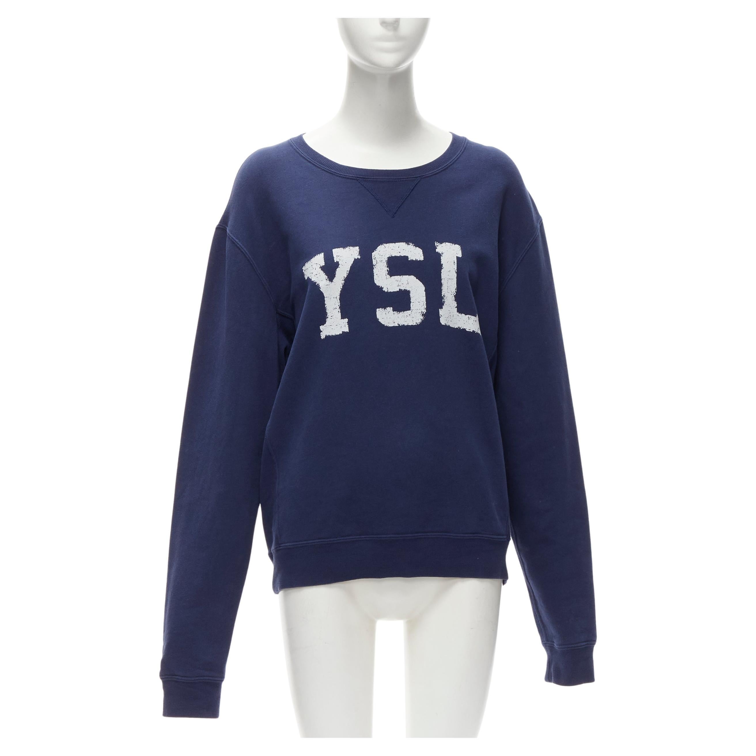 SAINT LAURENT 2021 YSL distressed logo navy blue fleece pullover sweatshirt  L For Sale at 1stDibs