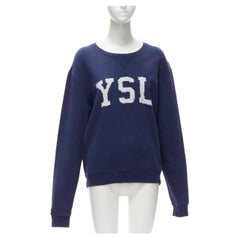 SAINT LAURENT 2021 YSL distressed logo navy blue fleece pullover sweatshirt L