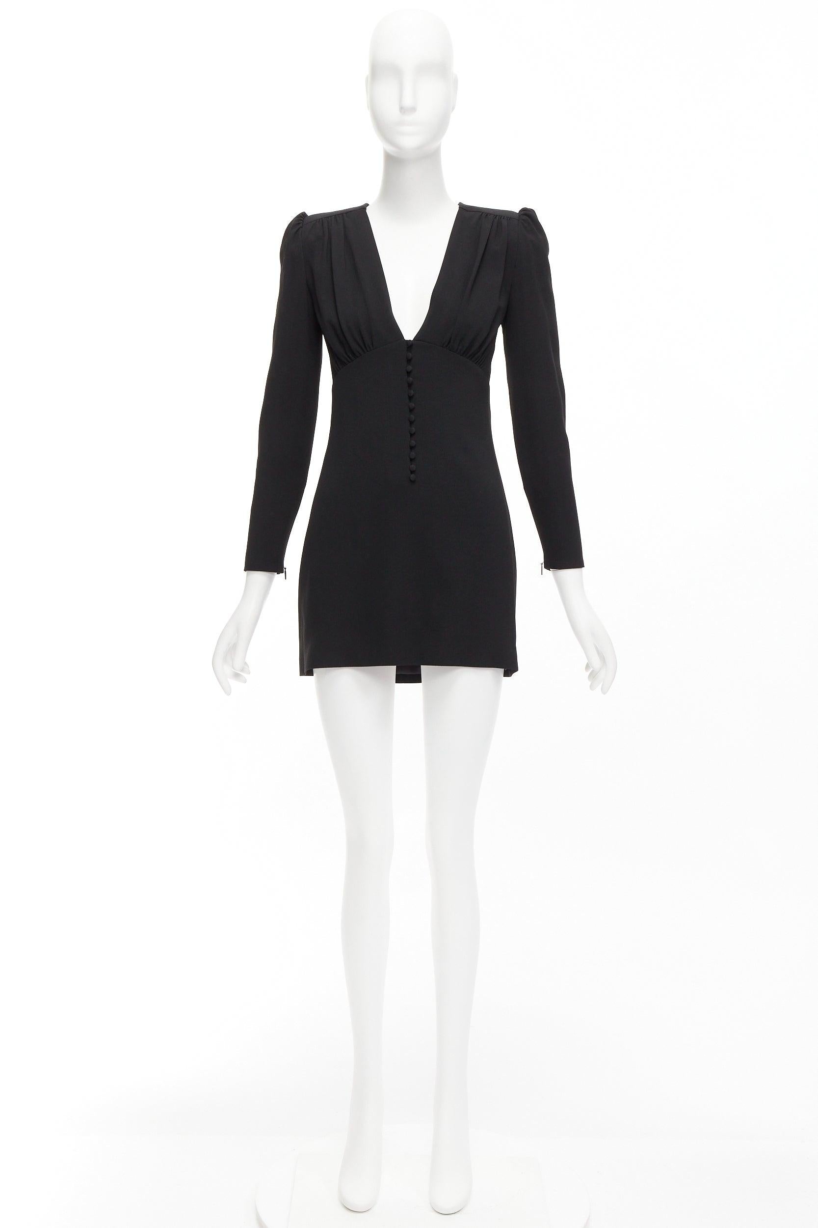 SAINT LAURENT 2022 black deep V neck wrapped buttons mini dress FR34 XS For Sale 6