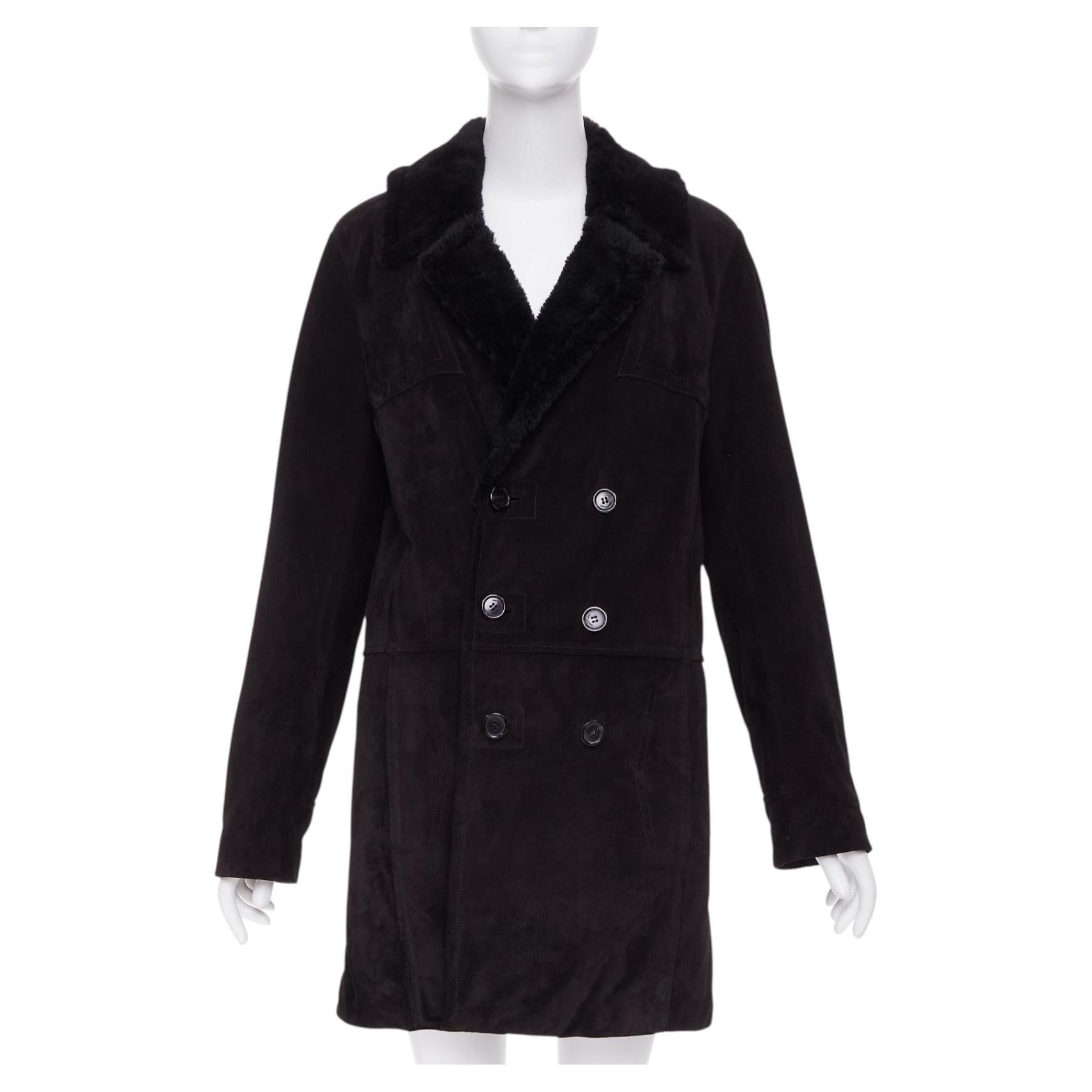 SAINT LAURENT 2022 black suede leather shearling lined double breasted coat EU44 For Sale