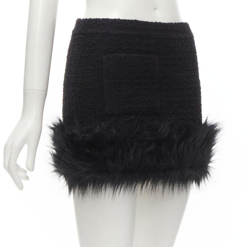 Black SAINT LAURENT 2022 black tweed faux fur trimmed mini skirt FR34 XS For Sale