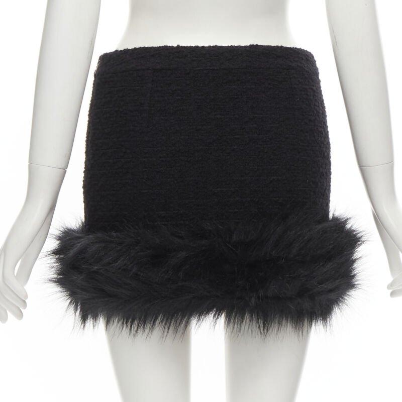 SAINT LAURENT 2022 black tweed faux fur trimmed mini skirt FR34 XS For Sale 1